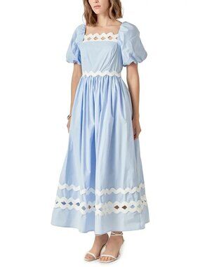 English Factory Blue & White Puff Sleeve Midi Dress With Scalloped Trim Square N
